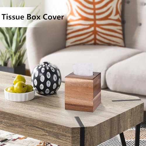 Tissue Box Cover Square, Acacia Wood Tissue Box Holder with Slide-Out Bottom, Wooden Tissue Box Cover Cube for Bathroom, Bedroom, Dinner Table, Office,Kitchen