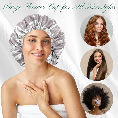 2 PCS Shower Cap Waterproof Double Layer Elastic Adjustable Reusable Hair Bath Caps for Girls Women Cute Aesthetic-Grey - color: G16-Grey