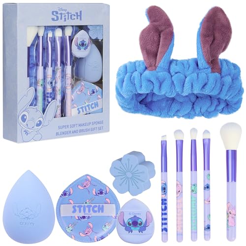Get Trend Disney Stitch Makeup Brush and Sponge Set for Girls, Teens with Headband Powder Puffs Soft Brushes and Beauty Sponges, Gifts for Girls (Blue Stitch) - color: Blue Stitch