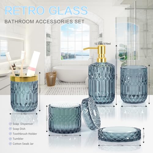 Blue Bathroom Accessories Set - 5PCS Clear Glass Bathroom Accessory Set (Toothbrush Holders, Soap Dispenser, Soap Dish, Tumbler, Cotton Swab Jar), Countertop Vanity Organizer Modern Decor Vintage Gift - style: Blue