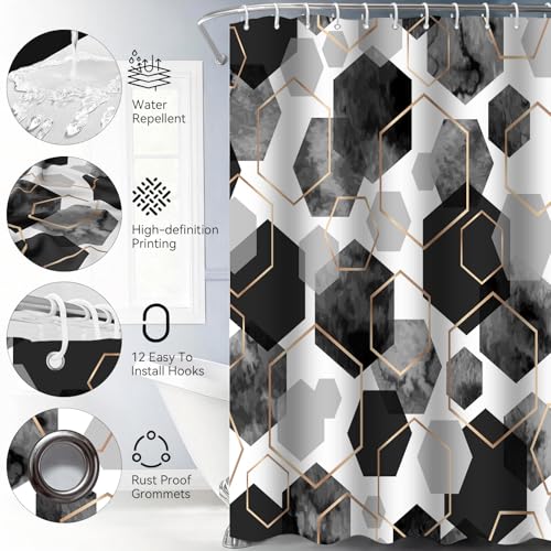 4Pcs Black White Geometric Shower Curtain Set, Neutral Modern Art Deco Shower Curtain with Hooks, Elegant Trendy Simple Bathroom Sets with Shower Curtain and Rugs, 71 * 71in - color: Black