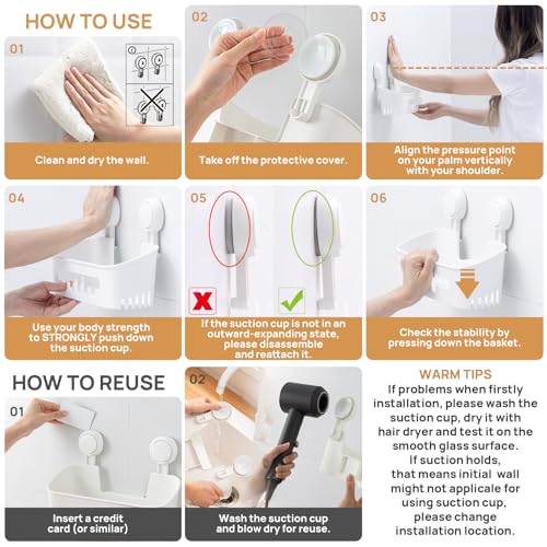 LEVERLOC Shower Caddy Suction Cup Set Shower Organizer & Soap Holder & Toothbrush Holder, Bathroom Shelf Basket NO-Drilling, Removable Suction Storage Waterproof Bathroom Caddy, White - color: White