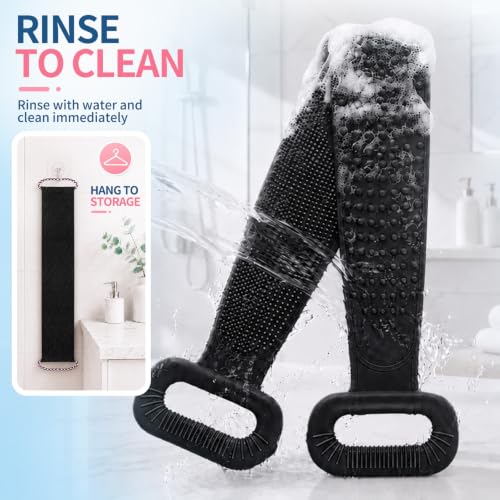 Manmihealth Silicone Back Scrubber for Shower & African Net Sponge Net Set, 36'' Dual-Sided Back Washer & African Long Bath Sponge, Extendable Long Silicone Body Brush(Black+Black) - color: Black+black