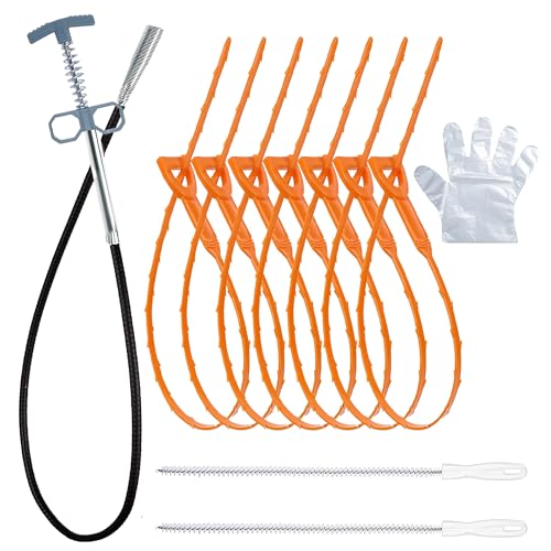 Drain Clog Remover 35.5 Inch Flexible Grabber Claw Hair Drain Snake for Sink-Shower-Toilet & Kitchen Pipes 7 Hair Clog Remover 2 (18 inch) Brushes and 20 Pair of Disposable Gloves - style: Pack of 10 - 35.5"