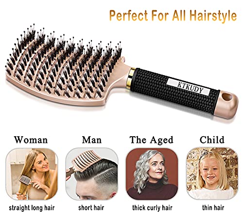 KTKUDY Detangling Brush Getting Knots Out without Pain - Boar Bristles Hairbrush Make Hair Shiny & Healthier Vented Detangler Brush for Women Men Kids Wet and Dry Hair - color: Gold-Black handle