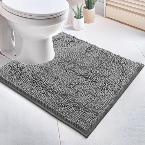 LuxUrux Light Grey Bath Mat - U-Shaped Contoured Rug for Around Toilet, Super Absorbent Shaggy Bath Rug. Easy Machine Wash & Dry (20 x 23, Light Grey) - color: Light Grey, size: 23'' x 20'' U