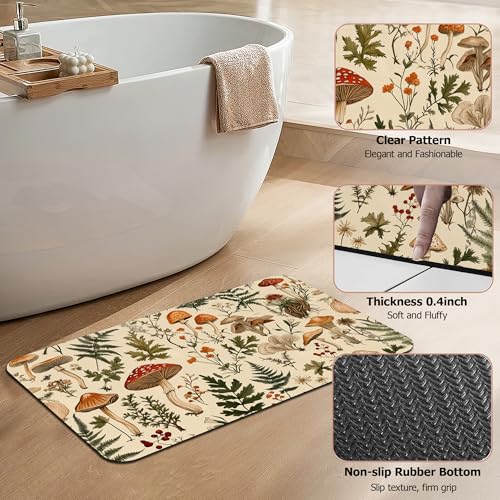 Bath Mat,Mushroom Forest Bathroom Rugs,Quick-Drying Non-Slip Rubber Bath Mats Herbs Flowers Absorbent Diatomaceous Earth Mat for Bathroom Home Decor 17"x29.5" - color: Mushroom Forest,herbs Flowers