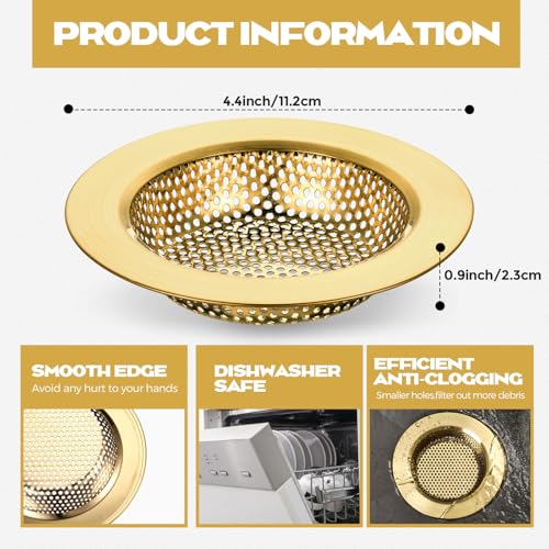 Retisee 2 Pcs Sink Strainer Stainless Steel Kitchen Sink Drain Strainer Basket Cover Mesh Hair Food Catcher, Large Wide Rim of 4.4 Diameter(Brushed Gold) - color: Brushed Gold