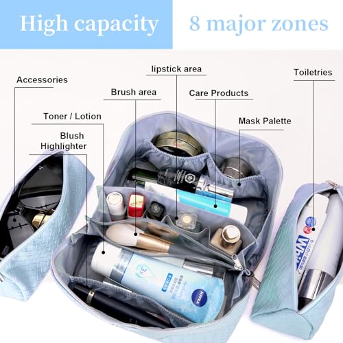 BOYATU Travel Makeup Bag Cosmetic Bags for Women: Large Capacity 3 Pcs Set Make up Bag with Compartments - Waterproof Vegan Leather Toiletry Organizer Bags with Handle (L04 Light Blue) - color: L04 Light Blue