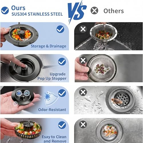 3-in-1 Kitchen Sink Drain Strainer & All-Purpose Sponges, 304 Stainless Steel Sink Stopper Pop-Up Drain Plug with Anti-Clogging Food Catcher Basket, Odor Blocker, Fits US Standard 3-1/2 Inch Sinks - color: Mattle Black