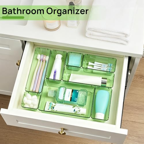Vtopmart 25 PCS Clear Plastic Drawer Organizers Set, 4-Size Versatile Bathroom and Vanity Drawer Organizer Trays, Storage Bins for Makeup, Bedroom, Kitchen Gadgets Utensils and Office - color: Clear Green