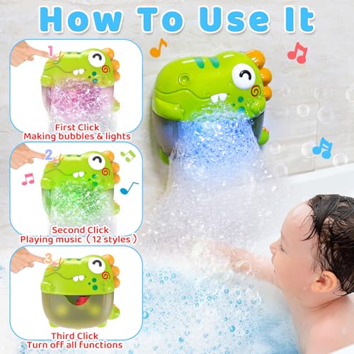 Light Up Dinosaur Bath Toys for Kids Ages 3-5 4-8, Bath Bubble Machine with Music, Bubble Maker for Bathtub, Floating Animal Bathtub Water Toys for Toddlers 3 4 5 Year Old Boys Girls Birthday Gift