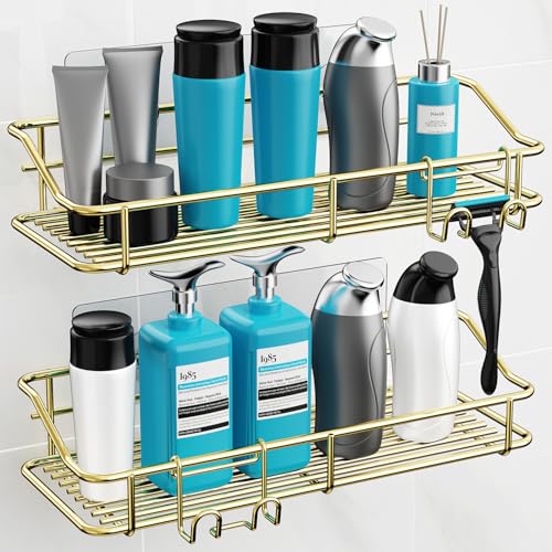 Nieifi Shower Caddy Shelf Storage Rack Adhesive Without Drilling Stainless Steel with Hooks for Washroom, Lavatory, Restroom, Toilet, Bathroom, Kitchen - 2 Pack, Golden - color: Gold, size: 2 Pack