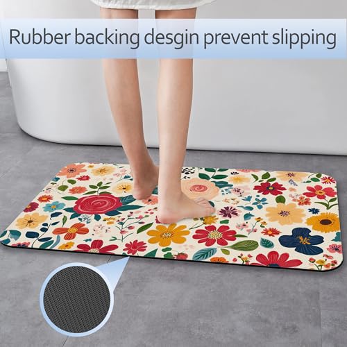 Vintage Red Flowers Bath Mat 29.5"x17", Slim Low-Profile Fast Drying Super Absorbent Bathroom Rug with Non-Slip Backing, Easy-Clean Modern Floor Mat for Tub, Shower, or Entryway - color: Vintage Red Flowers