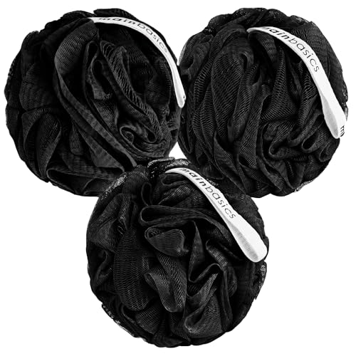 MainBasics Shower Loofah Sponge Pouf, Set of 3, Triple Black | Soft Mesh Body Scrubber and Bath Sponge for Gentle Exfoliation, Rich Lather, and Everyday Shower Use - style: Triple Black