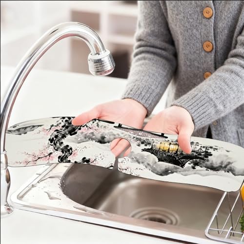 2 Pcs Kitchen Sink Splash Guard Faucet Mat Chinese Style Faucet Mat for Sinks Ink Painting Absorbing Drying Mats for Kitchen Bathroom, 23.6x5.5inch - color: Chinese Style Ink Painting