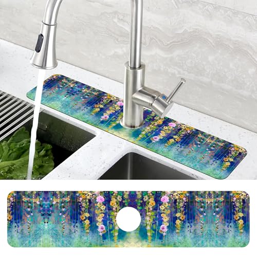 Abstract Watercolor Floral Kitchen Sink Splash Guard Mat Absorbent Fast Drying Mat Faucet Draining Mat Sink Splash Guard Behind Faucet Drip Catcher for Kitchen Bathroom 5.5"×24" - size: 24" x 24"