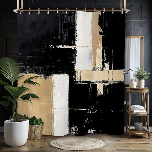 Miyotaa Abstract Black Tan Modern Shower Curtain Set 60Wx71H Inches Painting Contemporary Minimalist Brushstroke Art Neutral Waterproof Bathroom Curtain with 12 Hooks - color: Black Tan Painting, size: 60"W x 71"L (Pack of 1)