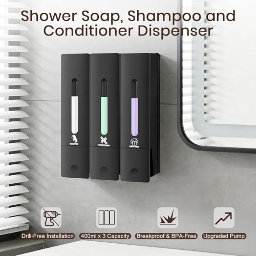3 Chamber Shampoo and Conditioner Dispenser, No Drill - Wall Mounted Shower Soap Dispenser, Refillable Body Wash Dispenser Set 3, 1200ML Large Capacity, for Bathroom & Hotel, Black - color: Black Set of 3