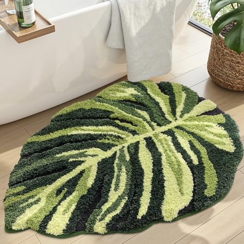 DEXI Leaf Bathroom Rugs Monstera, 31.5x23.5 Soft Fluffy Cute Bath Mat with Non Slip Backing, Washable Absorbent Bath Rug Quick Dry for Shower Floor, Toilet, Bedroom, Kids Room - color: Ample Monstera Deliciosa