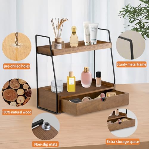 2-Tier Bathroom Organizer Countertop with Drawer, Wood Counter Organizer for Bathroom Decor, Sink Shelf for Vanity Storage, Makeup Tray for Perfume Skincare, Spice Rack Bedroom Kitchen Corner - color: Brown
