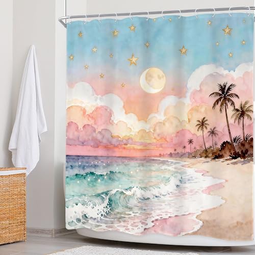Newsely Ocean Shower Curtain 60Wx72L Inch Pink and Blue Sea Waves Watercolor Painting Palm Trees Moon Sky Cloud Girly Bathroom Set Sunrise Sunset Waterproof Bath Decoration Accessories Home Decor - color: A-02pink Beach, size: 60"W x 72"L (Pack of 1)