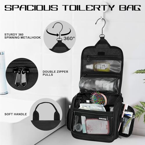 Goloni Hanging Toiletry Bag, 10 Compartments Water-Resistant Makeup Bag with 360° Spinning Metal Hook, Large Travel Cosmetic Organizer for Men & Women, Black (7.05oz) - color: Black