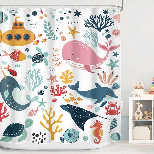 Kids Shower Curtain Ocean Cute Cartoon Whale Funny Kid Bathroom Set Underwater Coastal Submarine Fish Animal Nursery Baby Boys Girls Children 72Wx72H Bath Curtain Fabric Polyester 12 Pack Hooks - color: A 01ocean, size: 72"W x 72"L (Pack of 1)
