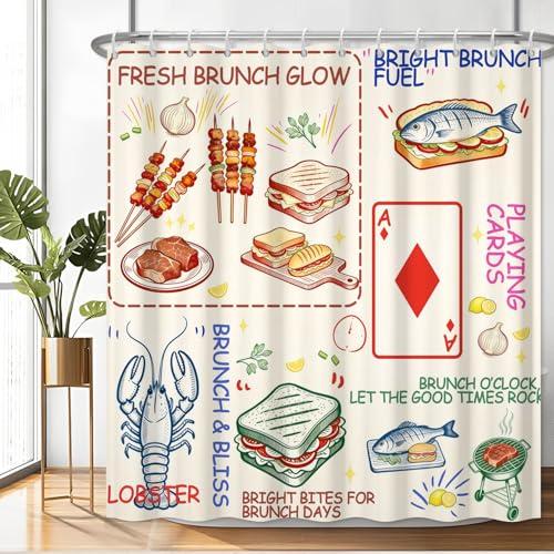 Fabric Shower Curtain with Hooks, Waterproof & Washable & Polyester, Funny Doodle Brunch Card Fish Grilled Meat Shower Curtains for Bathroom, Unique Art Deco Bathroom Curtain, House Gift, 71x74 Inch - color: Brunch Graffiti
