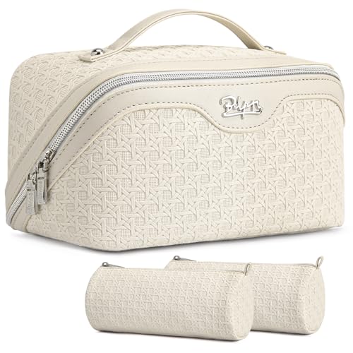 BOYATU Travel Makeup Bag Cosmetic Bags for Women: Large Capacity 3 Pcs Set Make up Bag with Compartments - Waterproof Vegan Leather Toiletry Organizer Bags with Handle (M-72Off-white) - color: M-72Off-white