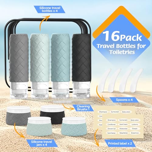 16 Pack Travel Bottles for Toiletries, TSA Approved Travel Size Toiletries Containers Set, BPA-Free Silicone Leak Proof Refillable Bottles Stackable Creams Jars Accessories Kit W/Clear Bag(Gray) - color: Gray