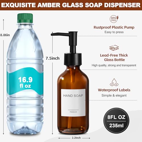 RYTOXILO 8 fl oz Amber Glass Soap Dispenser 4 Pack, Brown Glass Bottle with Pump, Refillable Round Hand Soap Dispensers Bathroom for Soap, Lotion, Oil, Shampoo