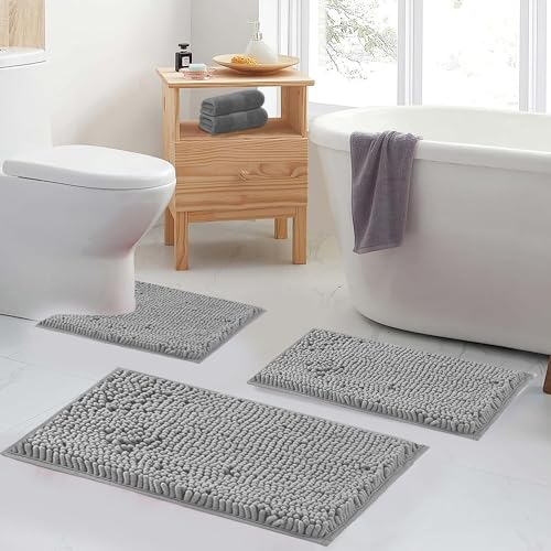 Bathroom Rugs Sets 2 Piece Plush Chenille Bath Rugs Non-Slip Bath Mats Absorbent Shaggy Rugs,Bathtub Mat, Gray Pet Dog Mats,Washable Bathroom Carpet for Tub, Shower, Washroom- 32x20 + 24x16 Inch - color: Ash Gray, size: 32"L x 20"W + 24"L x 16"W
