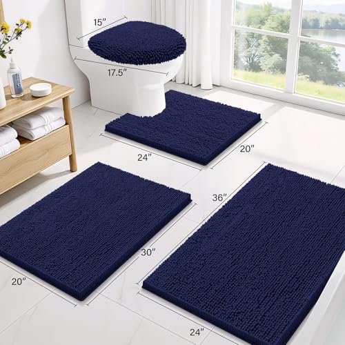 Smiry Bathroom Rugs Sets 2 Piece, Soft Absorbent Chenille Machine Washable Non Slip Shaggy Bath Rug Set for Tub, Shower, and Floor (34x21+30x20, Navy Blue) - color: Navy Blue, size: 34"x21"+30"x20"