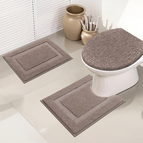 SHACOS Microfiber Bathroom Rugs Set of 3 with Toilet Lid Cover Non Slip | Washable Bath Mat Absorbent Bathroom Carpet 16"x24"+U Shape Toilet Rug 20"x24"+Toilet Lid Cover 19"x21", Coffee - color: Coffee, size: 16"x24"+U-Shape 20"x24"+Lid Cover 19"x21"
