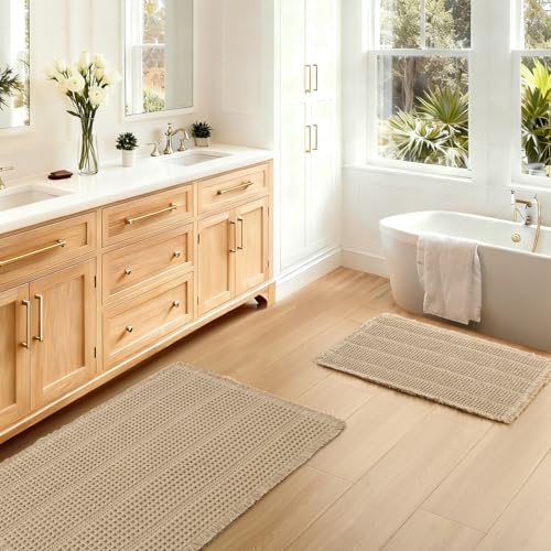 JIUZHEN Set of 2 Waffle Bath Mat Super Absorbent Bath Mats Machine Washable Waffle Rugs for Bathroom Floor Non Slip Dry Fast Bathroom Rugs for Beside Tub, 16" x 24" +20" x 32", Strip-Brown - color: Strip-brown, size: 16"x24" + 20"x32"