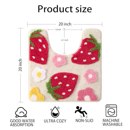Anybar U-Shaped Toilet Rug 20x20'' - Super Soft Absorbent Bathroom Mat with Cute Strawberry & Flower Design, Non-Slip Quick-Dry Washable Contour Rug for Toilet, Bath Mats for Bathroom Decor（Beige） - color: Beige, size: 1'8" x 1'8" (U-Shape)