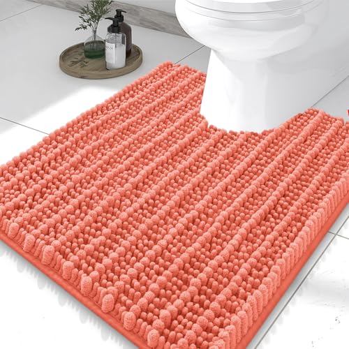 Smiry Bathroom Toilet Rugs U Shaped 24x20, Extra Soft Absorbent Non Slip Rubber Backing Chenille Contour Bath Rugs for Toilet, Machine Washable Contoured Bath Mats, Coral - color: Coral, size: 24'' X 20''