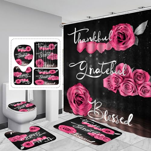 4Pcs Pink Rose Shower Curtain Sets, Thankful Grateful Blessed Bathroom Curtain with Non-Slip Rug, Toilet Lid Cover, Bath Mat and 12 Hooks, Romantic Showy Floral Wedding Decor for Bath, 72 x 72 inch - color: Pink