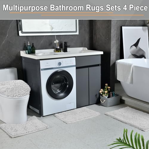 Bathroom Rugs Sets 4 Piece, Extra Soft Absorbent Chenille Bath Rugs, Non Slip Rubber Backing Machine Washable Quick Dry Bath Mats for Bathroom Floor, Tub, Shower, Home Decor Accessories, White - color: White