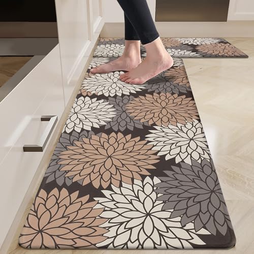 HEBE Anti Fatigue Kitchen Rugs Sets of 2, Non Slip Kitchen Mats for Floor, Waterproof Cushioned Comfort Standing Carpet for Kitchen Sink, Home Office, Laundry Room - color: Dark Brown, size: 17.3"x48"+17.3"x28"-0.4"Th