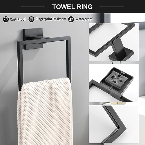 TQKAG 6-Piece Bathroom Towel Bar Sets Matte Black 23.6 inch Towel Bar Stainless Steel Towel Ring Coat Hook and Toilet Paper Holder Bathroom Hardware Set Wall Mounted Bathroom Accessories Kit - color: Matte Black, size: 6-Pieces Set-A
