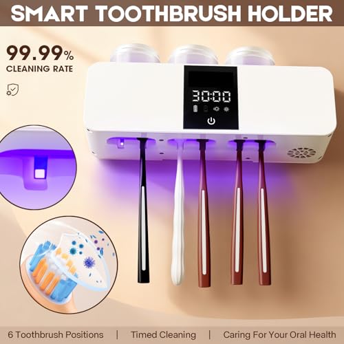 LXIANGN 3 in 1 Toothbrush Cleaner Holders for Bathrooms,Wall Mounted Toothbrush Holders with Drying and Cleaning,Smart LED Screen,6 Toothbrush Slots,3 Cups and Toothpaste Dispenser (White) - color: White