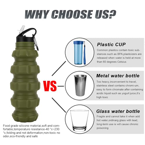 QiCheng&LYS Collapsible Water Bottle Sports Bottle 19.5OZ/580ml Travel Water Bottle for men women kids. BPA Free Food Grade Silicone. (Army green) - color: Army green