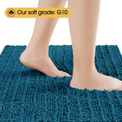 ACCUMTEK Upgrade Extra Large Teal Blue Bathroom Rug Set 3 Pieces Ultra Soft, Thick Absorbent Bath Mats, Non Slip Chenille Toilet Mat for Bathroom, Bedroom, Kitchen - color: Teal Blue, size: 48"x20"+24"x17"+U Shape24"x20"