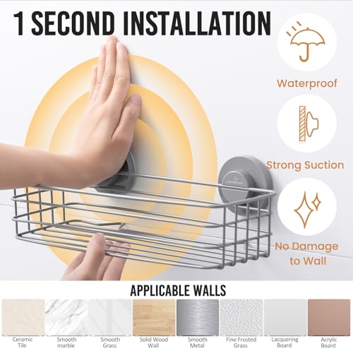 LEVERLOC Suction Cup Shower Caddy, Rustproof Shower Shelves for Inside with Hooks and Soap Holder, 2 Pack No Drill Meatl Bathroom Shower Organizer Grey - color: 2 X Grey