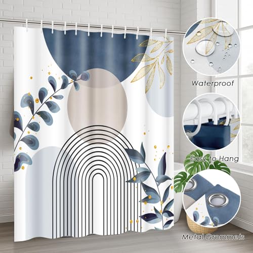 Boho Blue Mid Century Shower Curtain Set with Toilet Lid Cover and Non-Slip Rugs, Abstract Bohemian Gold Leaves Plant 4 Pcs Modern Minimalist Shower Curtain for Bathroom Set with 12 Hooks - color: Leaf Blue