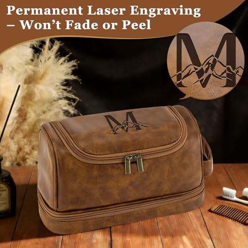 Personalized Graduation Gifts Waterproof PU Leather Toiletry Bag for Men Him, Custom Initials Mens Shaving Bag Cool Travel Essentials College Graduates Graduation Presents Light Brown L - color: Light Brown, style: L