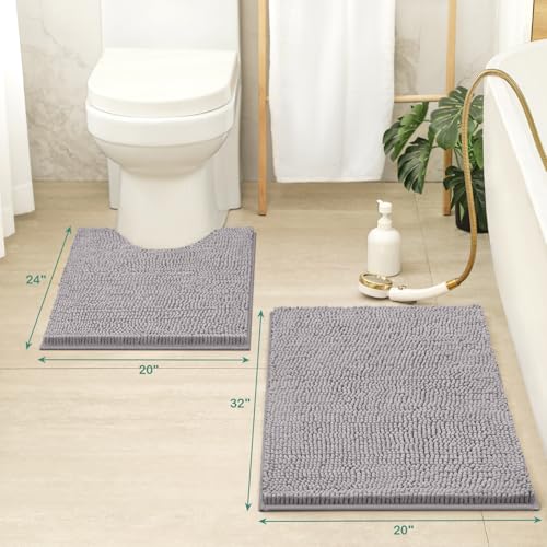 HOMEIDEAS Bathroom Rugs Set 2 Pieces, Ultra Soft Non Slip Absorbent Chenille Toilet Bath Mat Set (Grey) - color: Grey-grey, size: 1'8" x 2'8" (U Shape 20"x24"+20"x32")