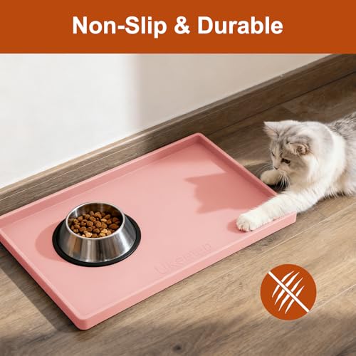 ukeetap Extra Thick Silicone Mat Waterproof with Raised Edge 19” x 12”, BPA Free Non-Slip Dog & Cat Food Mat, Feeding Mat for Food and Water Bowls, Spill Proof Mat to Protect Floors, Pink - color: Pink, size: 19"L x 12"W